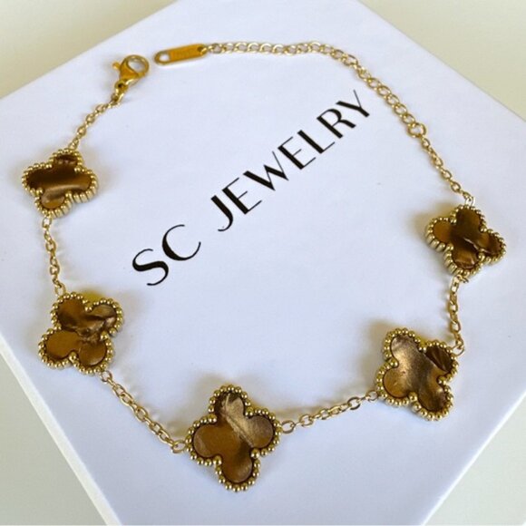 Last 1 !Clover Bracelet Tiger Eye Double Sided Four Leaf - Picture 5 of 12